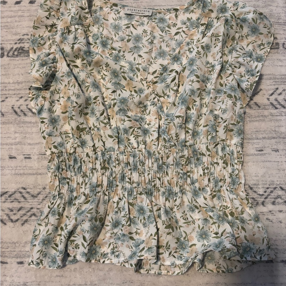 Paper Crane Floral Ruffle Blouse - blue, Green and Cream